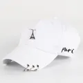White cotton baseball cap with Eiffel Tower charm and decorative brim metal rings - L / Eiffel Tower / White