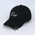 Black cotton baseball cap with white Keep the faith embroidery and metal ring charms - L / Keep Embroidery / Black