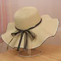 Chic beige straw hat with wavy wide brim and polka dot ribbon for summer sun protection - M / Diagonal Line Style (Polka Dot Ribbon Bow) / Beige