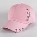 Pink cotton baseball cap with silver metal rings and double chains in street style - L / Double Chain / Pink