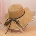 French style khaki straw sun hat with wavy brim and polka dot bow detail - M / Diagonal Line Style (Polka Dot Ribbon Bow) / Khaki