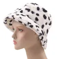 Winter faux mink fur bucket hat with black spotted pattern on white plush material - M (56-58cm) / White and Black Spotted (Dalmatian Print)
