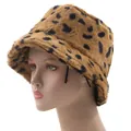 Winter faux fur bucket hat with leopard print pattern for women in thick plush material - M (56-58cm) / Tan (Leopard Print)