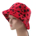 Detail of red faux fur bucket hat with leopard print showing plush texture and wide brim - M (56-58cm) / Red with Black Spotted Leopard