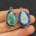Set of two teardrop blue imperial stone connectors with gold plated dual loops - 19x34mm / Style 8 (Blue Green Stone)