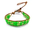 Green stone cylinder beads woven with dark brown leather cord and vintage silver clasp - No.4 (Emerald Green Marble)