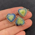 Conector de corazón de piedra natural con borde dorado y doble bucle para joyas DIY - Corazón con textura azul verde amarillo (Estilo 3)
