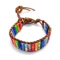 Rainbow cylindrical natural stone beaded leather wrap bracelet with silver button clasp - No.6 (Multicolor/Rainbow)