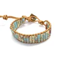 Bohemian blue and red tubular natural stone bead bracelet with brown wax rope and alloy clasp - No.7 (Teal and Reddish Brown Spotted)