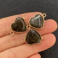 Conector de labradorita en forma de corazón con anillos dobles dorados para joyas DIY - Corazón con aspecto de labradorita gris oscuro (Talla 8)