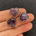 Tres conectores de corazón de amatista púrpura con marco dorado para joyería - Forma de Corazón con Efecto Amatista (N.º 11)