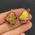Conector de corazón de jaspe natural con borde dorado y anillos de conexión dobles - Estilo Jaspe Rojo Verde Amarillo (N.º 5)