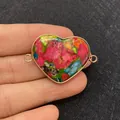Colorful emperor stone heart connector in gold frame held to show size and scale - Multicolor Dyed Imperial Stone Heart Style (3)