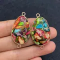 Handheld view of oval natural emperor stone pendants with gold plating and double loops - Colorful Stone Collage (No.9)