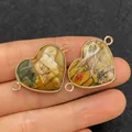 Colgante de corazón de piedra natural con marco dorado y conectores dobles - Estilo Piedra Paisaje Amarillo Marrón (N.º 16)