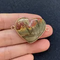 Heart-shaped natural emperor stone connector with gold rim and red marble texture - Red Brown Yellow Gray Variegated Heart Style (18)