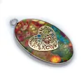 Pendentif ovale en pierre naturelle avec bordure argentée et motif de cœur doré - Motif Cœur (N° 5)