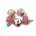 Faceted pink natural stone hexagonal pendants with silver metal base for DIY jewelry - Watermelon Quartz