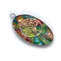 Pendentif ovale en pierre naturelle avec incrustation Arbre de Vie doré et cadre argent - Motif Arbre De Vie (6#)