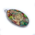 Pendentif ovale en pierre naturelle avec filigrane doré et cadre en métal argenté - Motif Labyrinthe Méandre (7#)