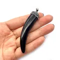 Handheld black resin horn pendant with sparkling rhinestone cap and silver bail - 17x70mm / Black