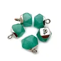 Close-up of five faceted green aventurine pendants with silver-plated metal bases - Green Chalcedony