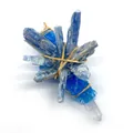 Detailed view of hand-wrapped kyanite and clear crystal point pendant with gold wire - Dark Blue (No.4)
