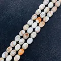 Oval natural stone beads with creamy marble texture for DIY jewelry making - 7X9mm / Beige Brown Orange Pattern (No.14)