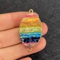 Oval rainbow stone connector pendant with gold frame and double loops for DIY jewelry - Egg Shape