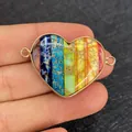 Rainbow striped heart natural stone connector pendant with golden frame and double loops - Large Heart Shape