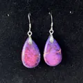 Detailed view of teardrop natural stone drop earrings with golden vein texture and hooks - Purple Red Texture Style (1-)