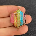 Hexagonal rainbow stone pendant with golden frame and double rings for DIY jewelry - Hexagon Shape