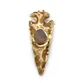 Pendentif pointe de flèche en pierre naturelle avec bordure dorée et gemme - Marbré Brun Blanc-Pierre Violet Foncé (N° 6) / 28x73mm
