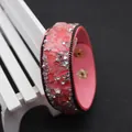 Pink leather wrap bracelet with natural stone fragments and rhinestone detailing - Pink Base Material with Pink Crushed Stone (No. 1)