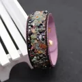 Pink leather cuff bracelet with colorful natural crushed stone inlay and metal chain - Pink Base with Multicolored Crushed Stones (No. 2)