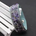 Bohemian light blue leather cuff bracelet with purple natural crushed stones - Light Blue Leather Purple Stone Style (No. 6)