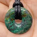 Natural green stone pendant with black textures on a hand, 20mm round donut shape charm - Green Spotted Stone (No.8)
