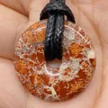 Red jasper tiger eye round donut pendant with black braided cord for DIY necklaces - Red Spotted Stone (No.11)