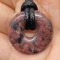 Natural red stone donut pendant with black cord on palm, 20mm round stone jewelry piece - Red Black Mottle Stone (No.13)