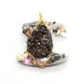 Handmade freshwater pearl and purple crystal crescent moon pendant with golden wire wrap - No. 4 (Black Purple Cluster)
