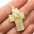 Cross pendant with yellow natural stone crystal wrapped in silver wire for DIY jewelry - 21x40mm