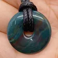 Natural bloodstone circle pendant with green texture and red spots on black cord - Bloodstone (No.16)