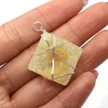 Handmade silver wire-wrapped square yellow crystal stone pendant accessory - 30x38mm