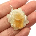 Natural yellow crystal raw stone pendant with silver wire wrap for jewelry making - 25 x 35 mm