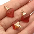 Three red carnelian pyramid pendants with gold bails held in hand for jewelry DIY - Red / 11-20mm