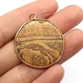 Natural landscape stone round pendant with gold edge and metal bail for DIY necklace - Jasper