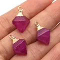 Three rose red natural stone rhombic pendants with gold metal rings for DIY jewelry - Purplish Red / 11-20mm