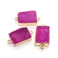 Rose red rectangular druzy stone connector with gold plated double loops for DIY jewelry - Pink