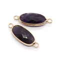 Detail view of purple faceted stone connectors with gold textured edges for DIY jewelry - 11x30mm / Purple Crystal