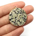 Ciondolo tondo in diaspro dalmata con bordo dorato per la creazione di gioielli fai-da-te - Diaspro dalmata